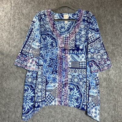 Chicos Blouse Womens XL Blue Tile Print V-Neck Embroidered Boho Top Everyday
