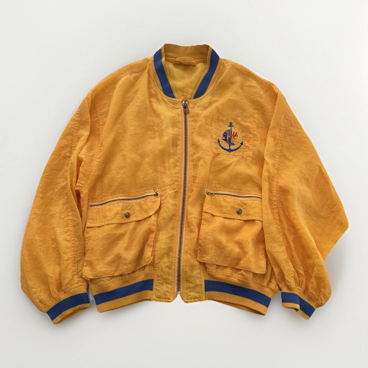 Harbor Club Men’s Vintage Yellow/Blue Windbreaker Medium-80s-Nautical-Boats Fish
