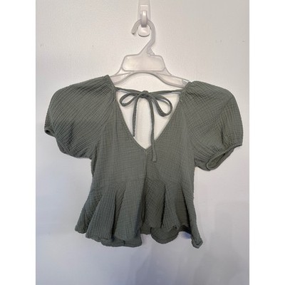 Francesca's Sage Green Gauze Cotton Puff Sleeve Peplum Tie Front Top XS WWS2295I