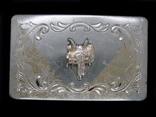 TE09117 VINTAGE 1970s  HORSE SADDLE  ENGRAVED WESTERN  COWBOY BELT BUCKLE