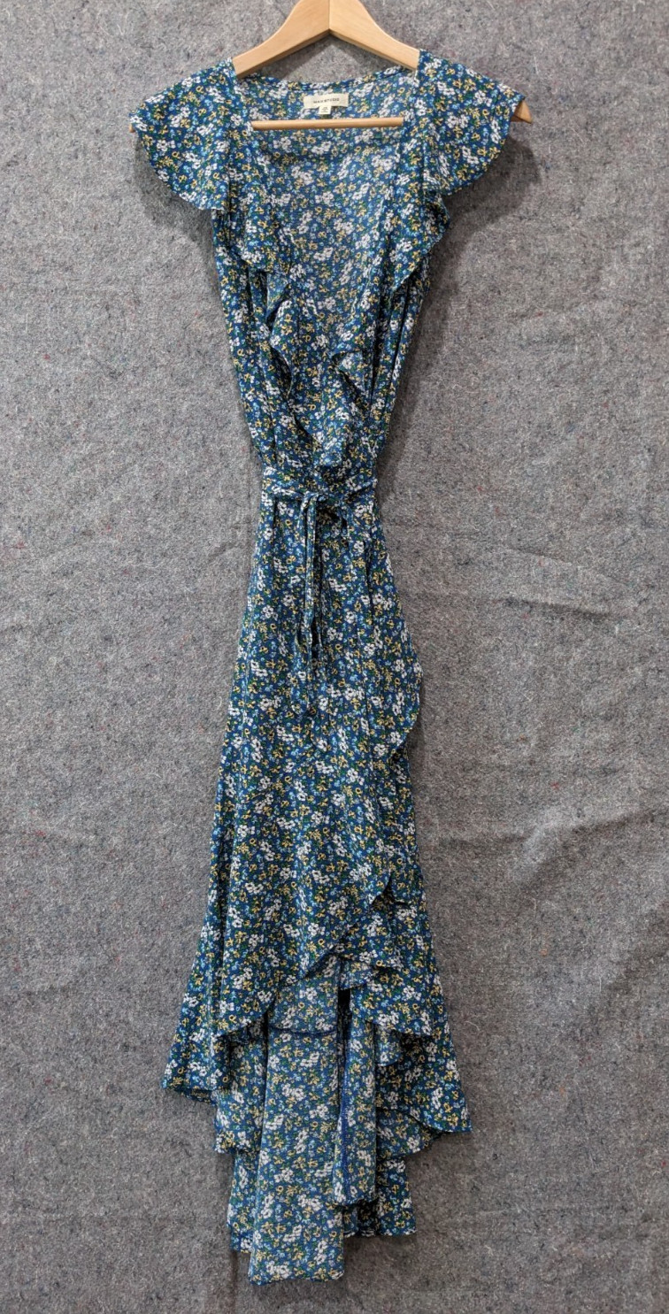 MAX STUDIO Patterned Ruffle Wrap Midi Blue Floral… - image 1