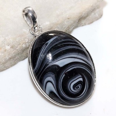 925 Silver Plated Banded Agate Pendant 2'' Weekend Style Jewelry Trendy JW