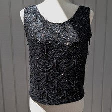 Vintage 1960s All Black Heavy Beaded Sequin Tank Top Art Deco Gatsby 100 Wool