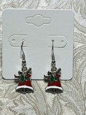Christmas Red Bells Gem Holiday Silver Loop Enamel Dangle Adorable Earring Set