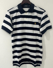 Ralph Lauren Men's Custom Slim Fit Polo Shirt White Navy Stripe M Mesh New