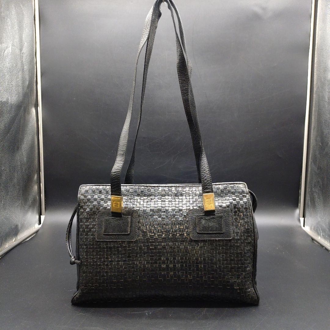 Vintage Fendi Woven Leather Shoulder Tote Bag Black Used Good Cond from Japan
