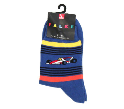 Neu Falke Socken Schurwolle Jungen Gr. 31-34 - 122/128 blau gestreift Rennauto