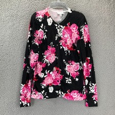 Charter Club Floral Print Cardigan M Lightweight Spring Long Sleeve Black Pink