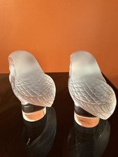 Lalique France Frosted Crystal Owl Figurines Pair Signed Glass Birds