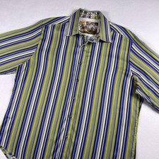 Robert Graham Shirt Mens XL Blue Green Stripe Classic Fit Flip Cuff Long Sleeve