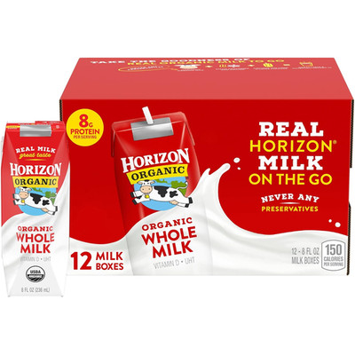 Horizon Organic Shelf Stable Whole Milk Boxes, Pack of 12 - 8G Protein per Servi