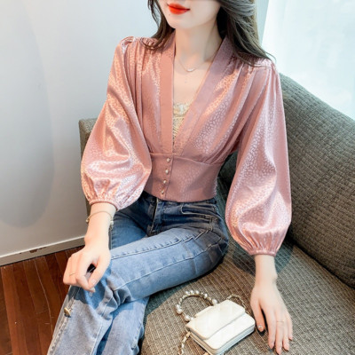 Lady Deep V Neck Leopard Print Short Shirt Shiny Top Blouse Elastic Waist Office