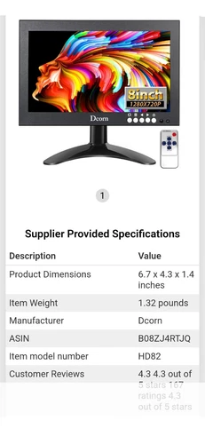 Dcorn HD82  1280 x 720 Mini HD Monitor 8" 