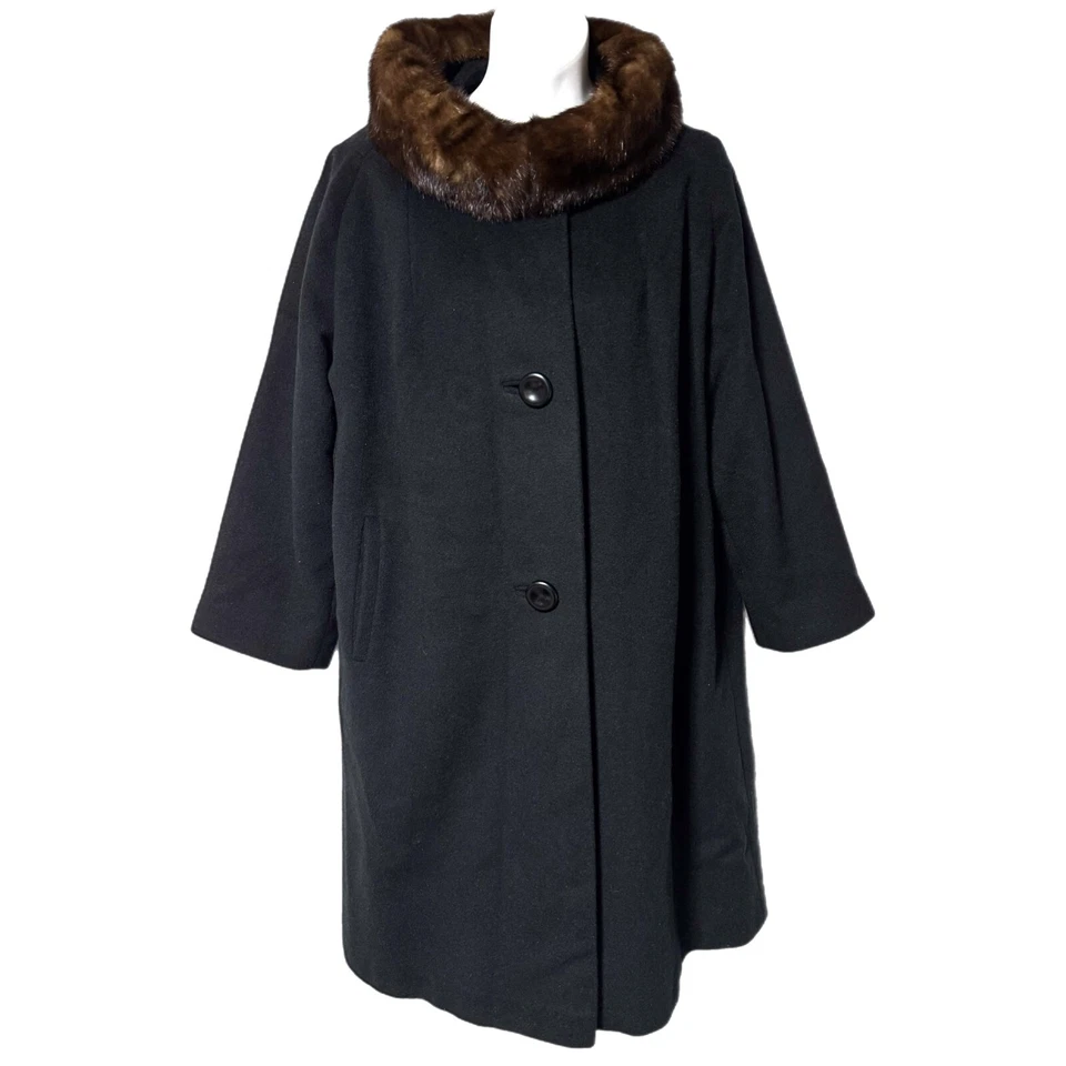 Vintage Women’s Black Cashmere & Mink Collar Swing Mid Long Length Pea Coat M/L - Image 3 of 4