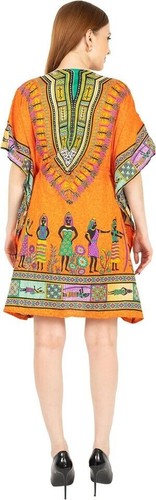 Women's Short African Kaftan Dress Beach Long Cover Up Ethnic Print Color Orange - Picture 7 of 11