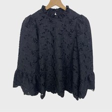 Other Stories Black Appliqu Floral Lace Bell Sleeve Blouse Size 4