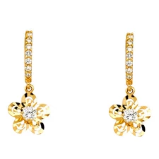Ioka - 14K Yellow Gold CZ Stone DCut Flower Hanging Huggies Hinged Earrings