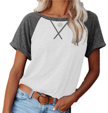 Camiseta Mujer Blusa Moda Raglan Manga Corta Blanco Gris Color Bloque Casual
