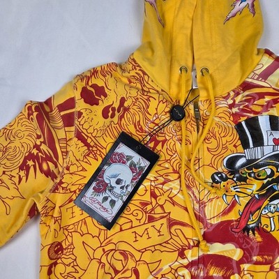 【美品】ED HARDYエドハーディ ベイビーデビル ダメージドタンクトップ黄色 Ed Hardy Christian Audigier Yellow Tattoo Print Zip Hoodie Death