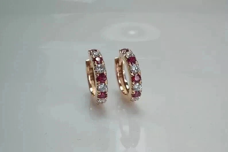 2Ct Round Cut Lab Created Red Ruby Huggie Hoop Earrings 14K Yellow Gold Plated - Image 2 of 2