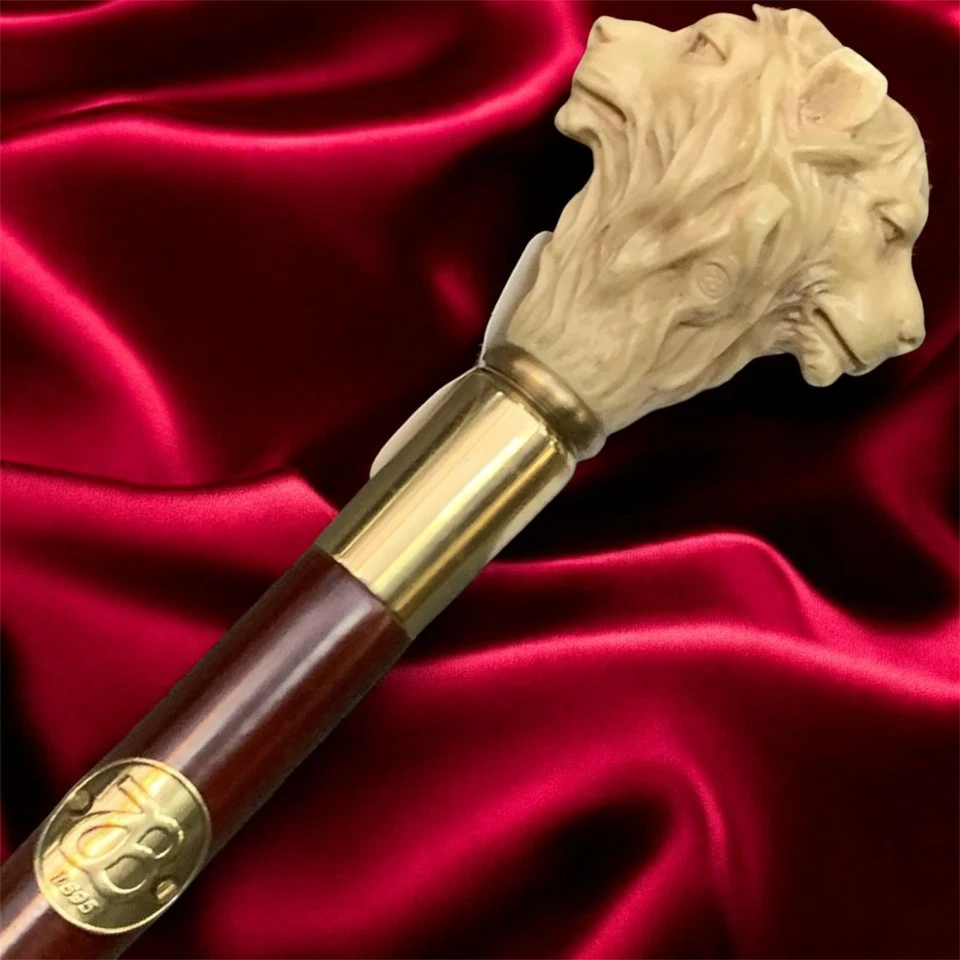 Lion Head Walking Stick Cane Design Wood RESIN Handle Gift Decor Rare Vintage - Image 2 of 4