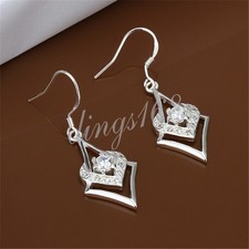 Genuine 925 Sterling Silver Open Rhombus Heart Crystal 40mm Dangle Earrings Q897
