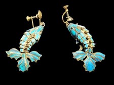 Antique Chinese Tian Tsui Kingfisher Feather Carp Earrings Gilt Sterling c1910