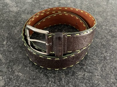 ETRO MILANO Wide Dark Brown Green Stitching Leather Belt tooled Size 42
