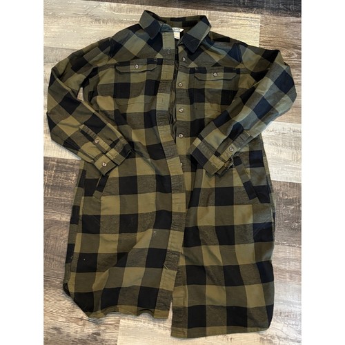 Duluth Trading Co Free Swingin Flannel Tunic Shirt Olive Green Buffalo Check L