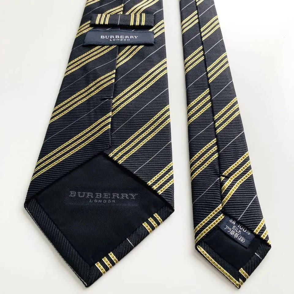 Corbata Burberry London a Rayas Negra Amarilla Gris Delgada Clásica Novedad Foto 3 de 4
