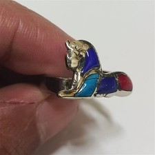 Vintage Egyptian Sphinx Ring Silver Tone Multi Color Stone Statement