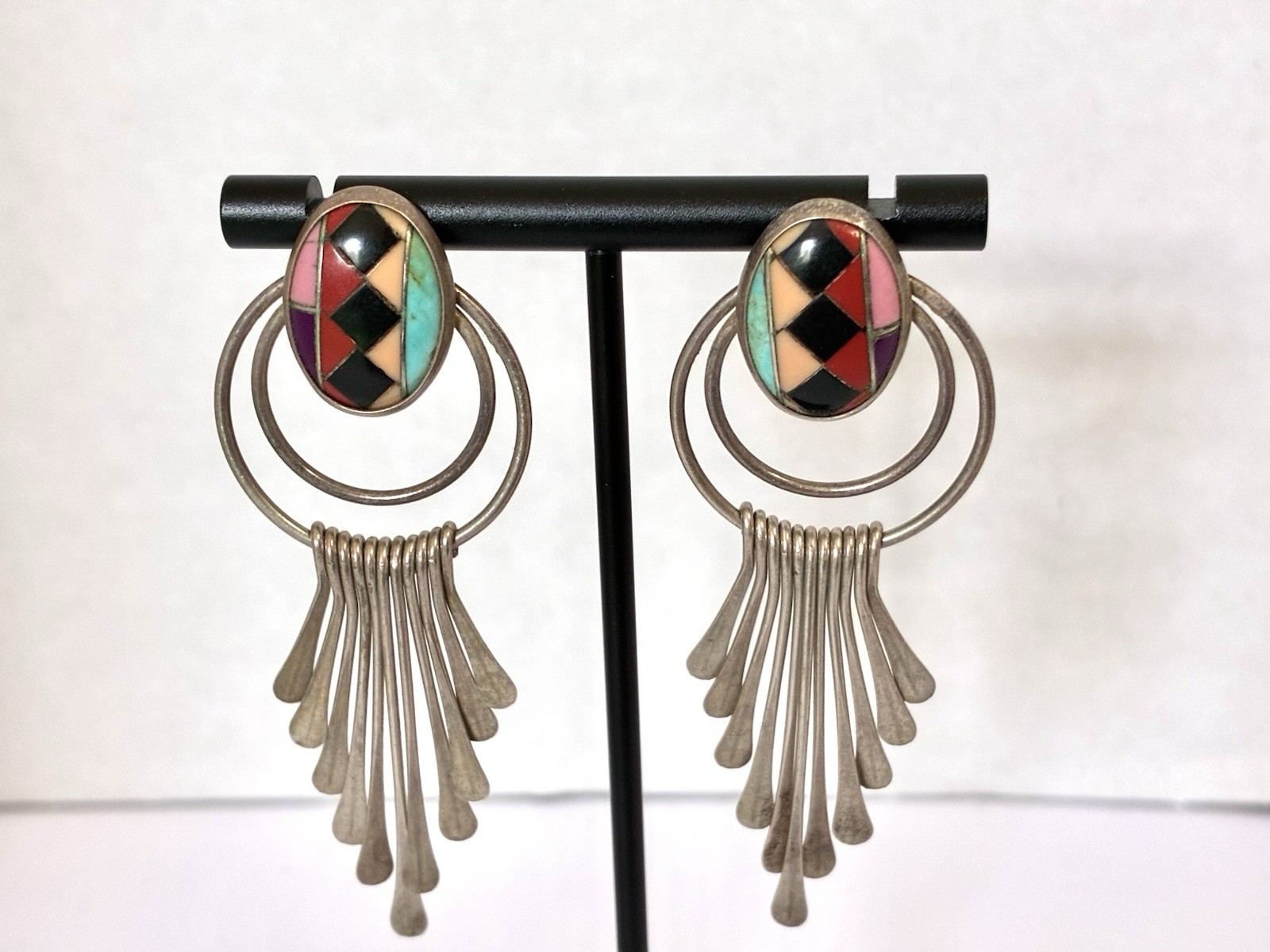 Native American Statement Inlay Earrings Sterling… - image 1