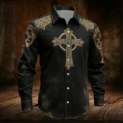 New 11 color men's long sleeved shirt with gold 3D cross print, fashionable and 