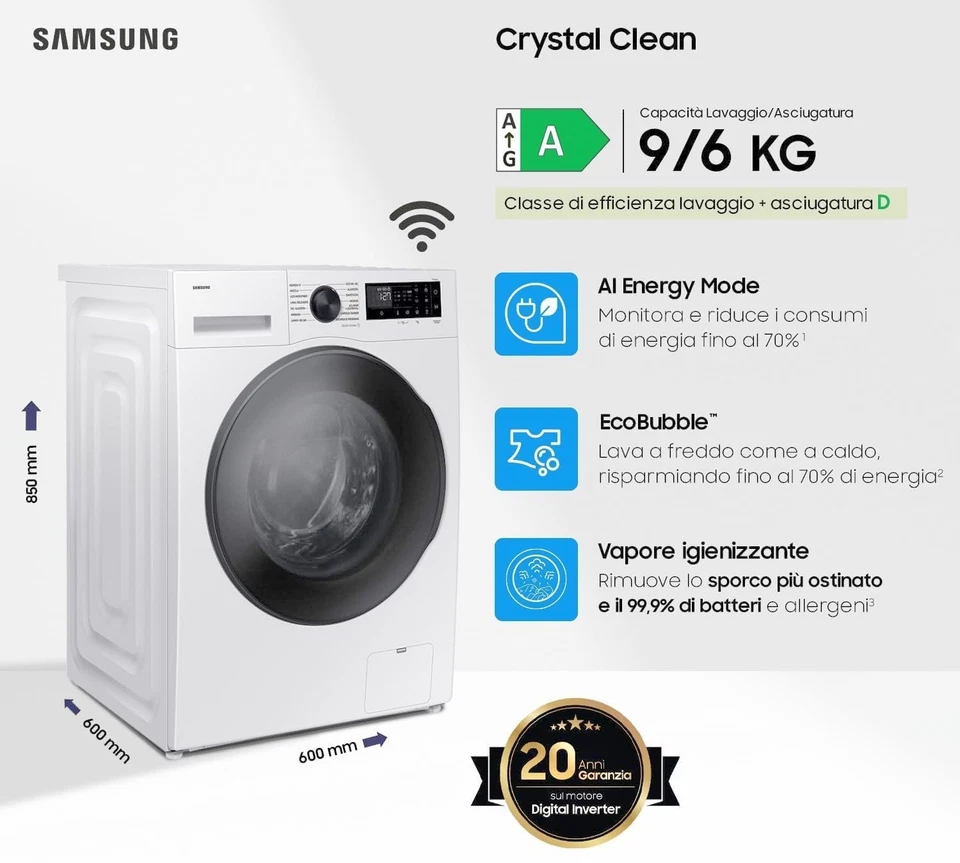 Lavasciuga Samsung 9/6Kg smart wifi WD90DG5B15BEET Classe energetica A imballata - Immagine 2 di 4
