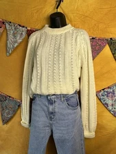 Vintage Speigel Women’s Cream Fisherman Cable Knit Crochet Sweater Small