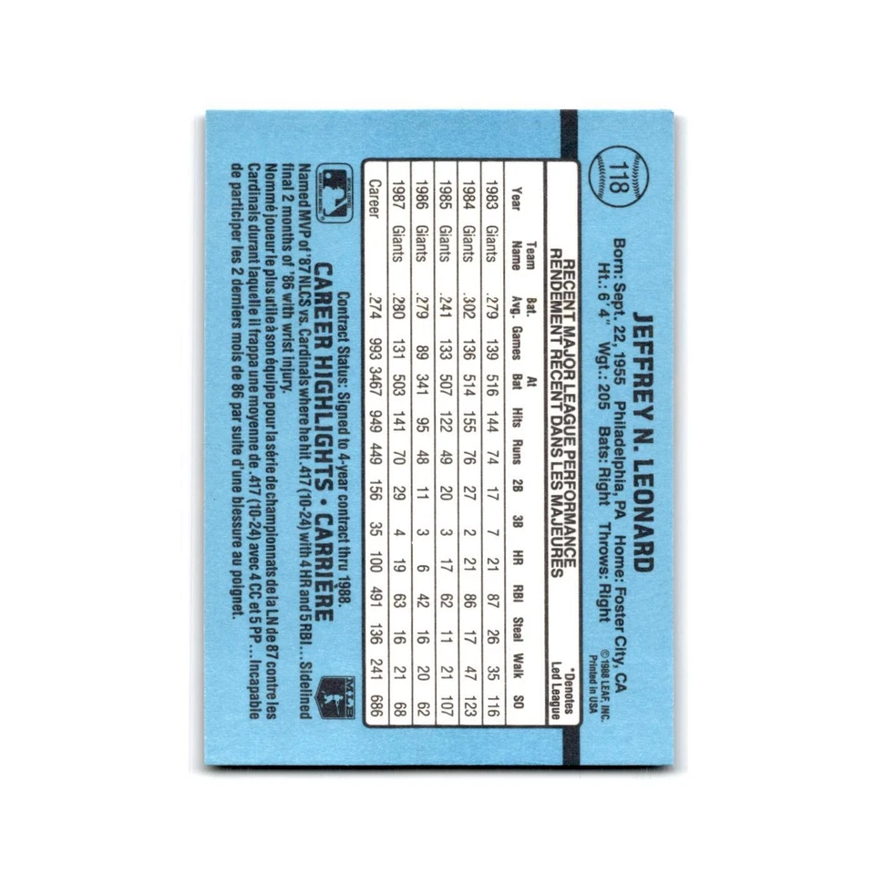 Jeffrey Leonard 1988 Leaf #118 San Francisco Giants Baseball Card NM - Image 2 of 3