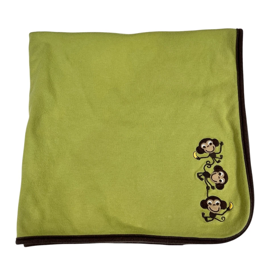 Gymboree Monkey Print Trouble Green Brown Cotton Double Sided Interlock Blanket - Image 4 of 4
