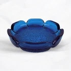 Blenko Ashtray Sapphire Blue Lotus Flower Pebbled Vtg MCM Glass 7” Large