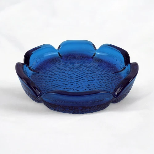 Blenko Ashtray Sapphire Blue Lotus Flower Pebbled Vtg MCM Glass 7” Large