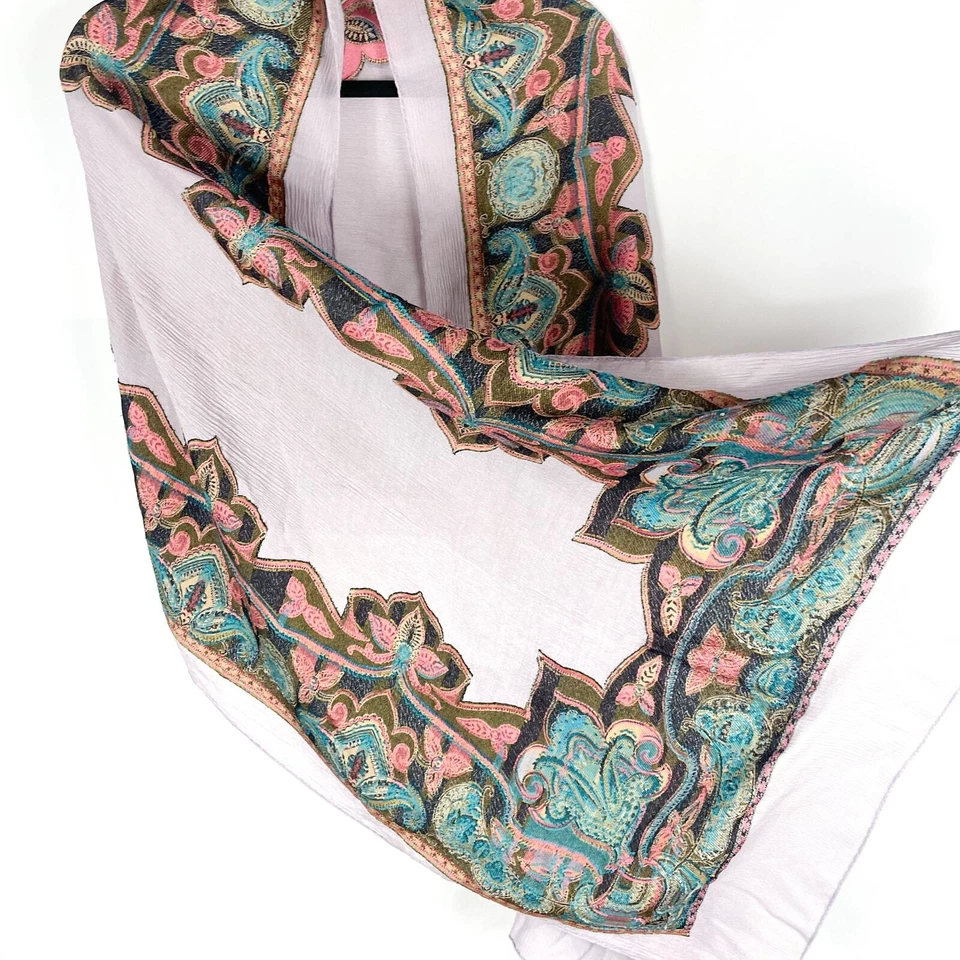 Bufanda de Seda ETRO Gris Naranja Azul Paisley Bordada Floral Rectángulo Foto 4 de 4