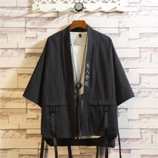 Men's Japanese Embroidery Kimono Jacket Coat Harajuku Cardigan Cargo Black Retro
