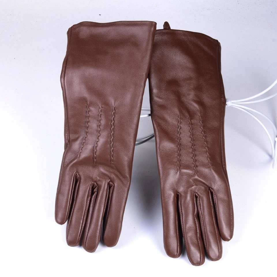 30cm Nuevo Hombre Cuero Real Marrón Medio Largo Guantes Motocicleta Invierno Cálidos Guantes Foto 4 de 4