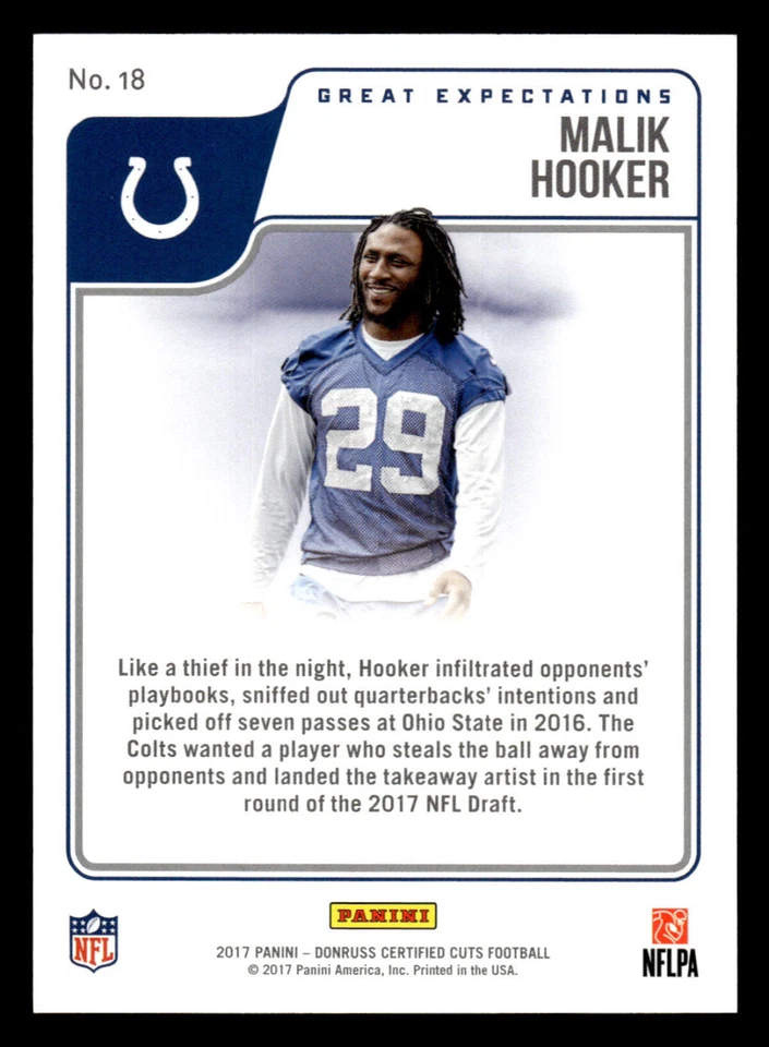 2017 DONRUSS CERTIFIED CUTS GREAT EXPECTATIONS SILVER #18 MALIK HOOKER NMMT 4/99 - Image 2 of 2