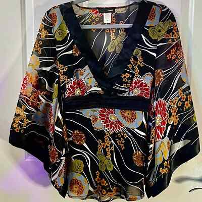 Poetry SZ L Kimono Style Satin Waist Tie Blouse Bell Sleeves Deep V Neck