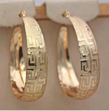 NEW LARGE GREEK KEY ROUND HOOP EARRINGS  YELLOW GOLD PLATED LIGHT WEIGHT 