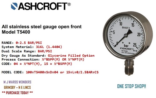 ASHCROFT T5400 Manómetros 4 "(100 mm) Dial 316L ACERO INOXIDABLE 1/2 "BSPP / NPT - Imagen 4 de 23