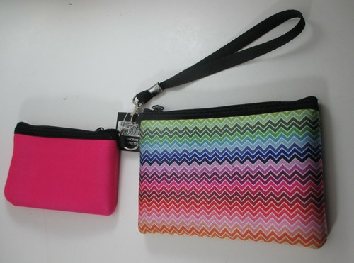 M4 2 pc WRISTLET PURSE coin holder nwt neoprene rainbow pink zigzag - Picture 3 of 8