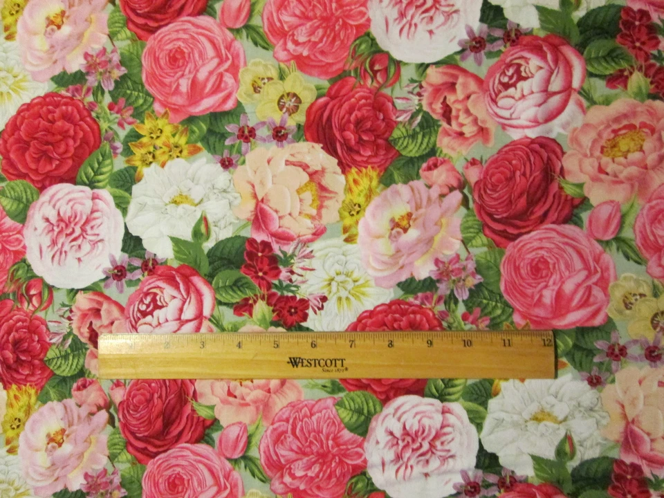 TELA DE ALGODÓN AZUL FLORES ROSA ROJO PARIS ROSAS FQ  Foto 3 de 4