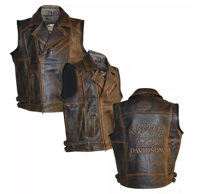 Harley-Davidson Knuckle 男式机车背心仿旧真皮牛皮背心 — 第 2/4 张图片