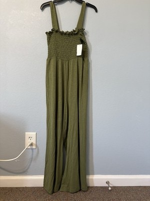 Roxy Womens Small Loden Green Smocked Wide Leg Jumpsuit Sleeveless NWT